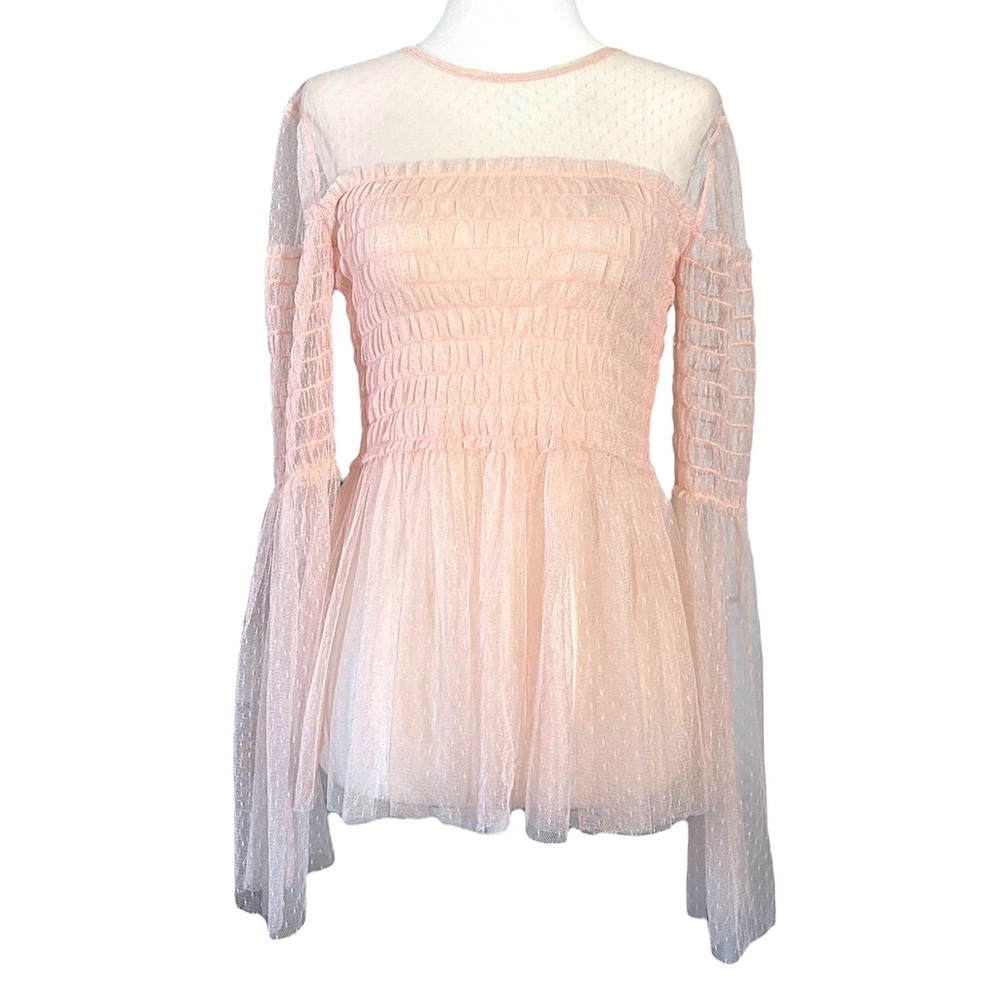 Romeo & Juliet Couture Sheer Smocked Tulle Bell Sleeve Light Pink Blouse Small
